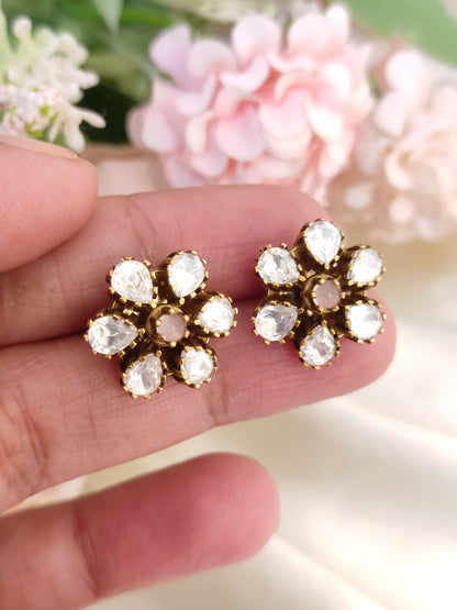 Classic White Stone Floral Stud Earrings