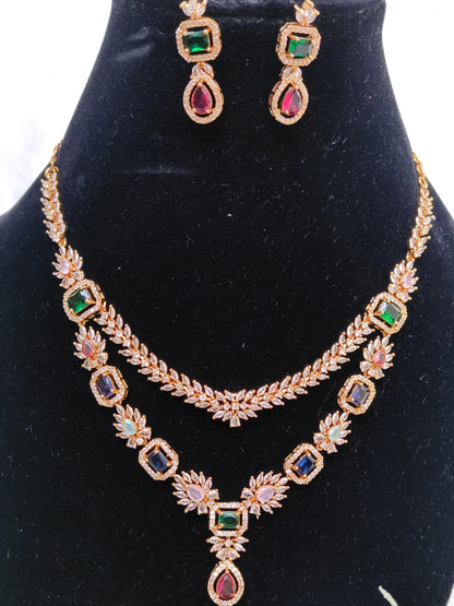 Multicolor Stone Layered Necklace Set – Premium One Gram Gold Finish Festive Wear Jewellery