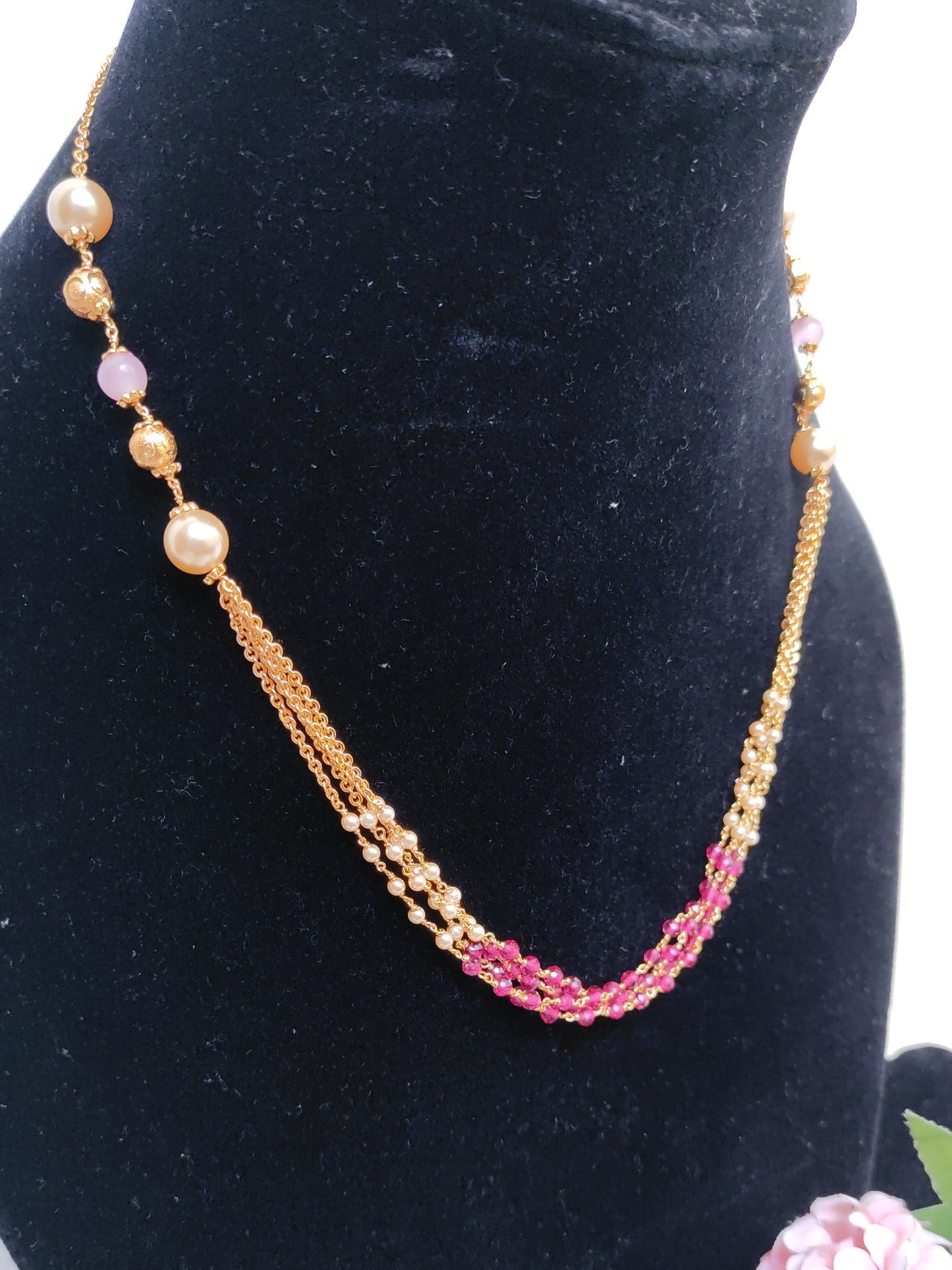 Ruby Beaded Multi-Strand Necklace for Women | Gold Chain Pearl Elegant Necklace