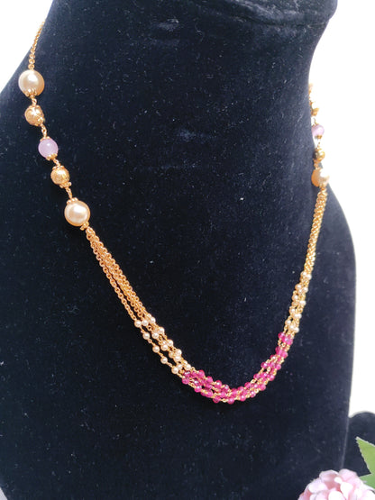 Ruby Beaded Multi-Strand Necklace for Women | Gold Chain Pearl Elegant Necklace