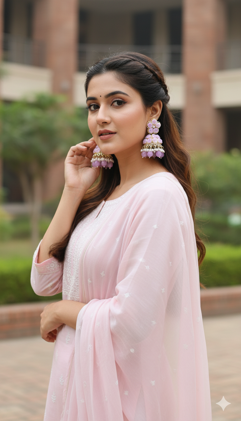 Lavender Rose Floral Beaded Jhumkas – Vibrant & Handmade Look