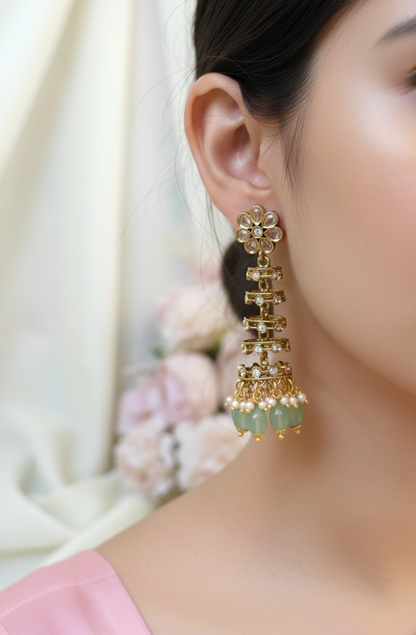 Elegant Spiral Drop Jhumkas with Kundan Work & Pearl Detailing