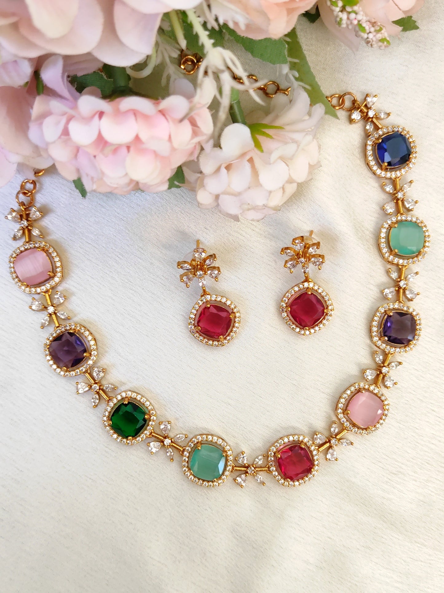 Premium Multicolor Gemstone Necklace Set | One Gram Gold Plated Jewellery