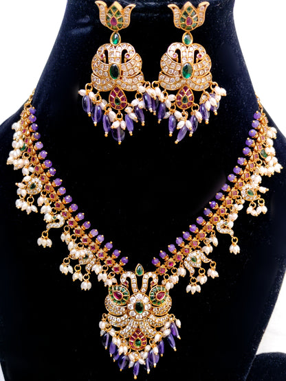 Purple Kemp Stone Peacock Necklace Set with Pearls | Bridal & Temple Jewellery