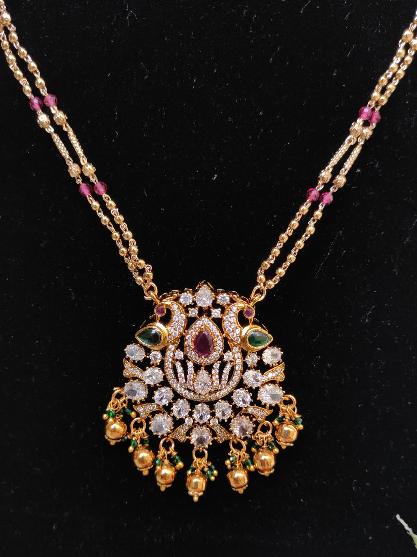 Lakshmi Motif Temple Necklace with Hanging Beads – Traditional One Gram Gold Bridal Necklace