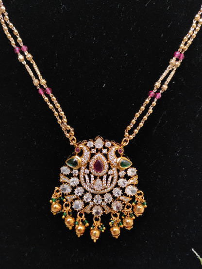 Lakshmi Motif Temple Necklace with Hanging Beads – Traditional One Gram Gold Bridal Necklace