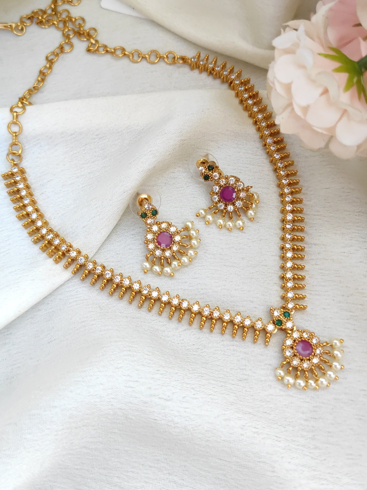 Traditional Ruby Stone One Gram Gold Necklace Set with Pearl Drops & Earrings