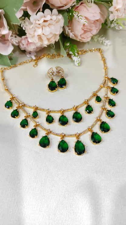 Green Stone Layered Necklace Set | Elegant Festive & Wedding Jewellery