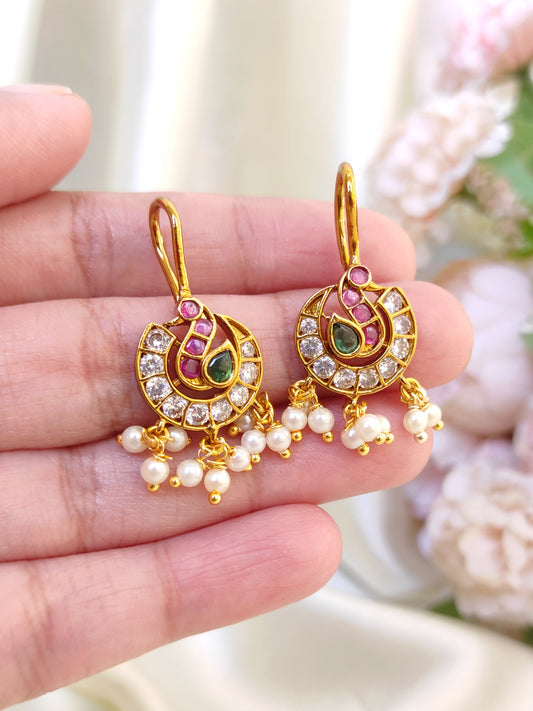 Traditional Kemp stone Bugadi Earrings with Pearl Drops | Gold Finish South Indian Ear Cuff
