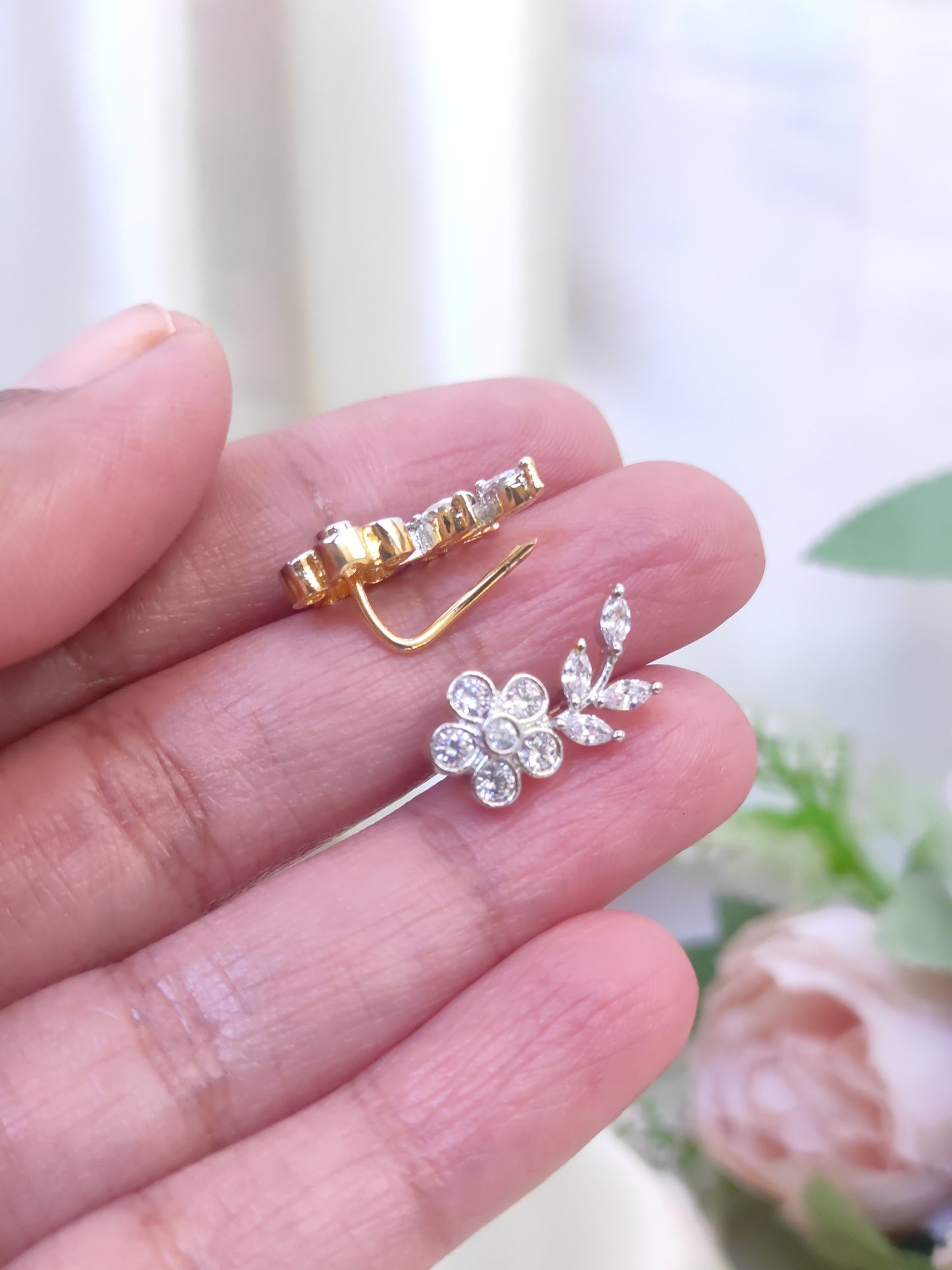 Feather Leaf CZ Ear Cuff – Elegant Curve Design