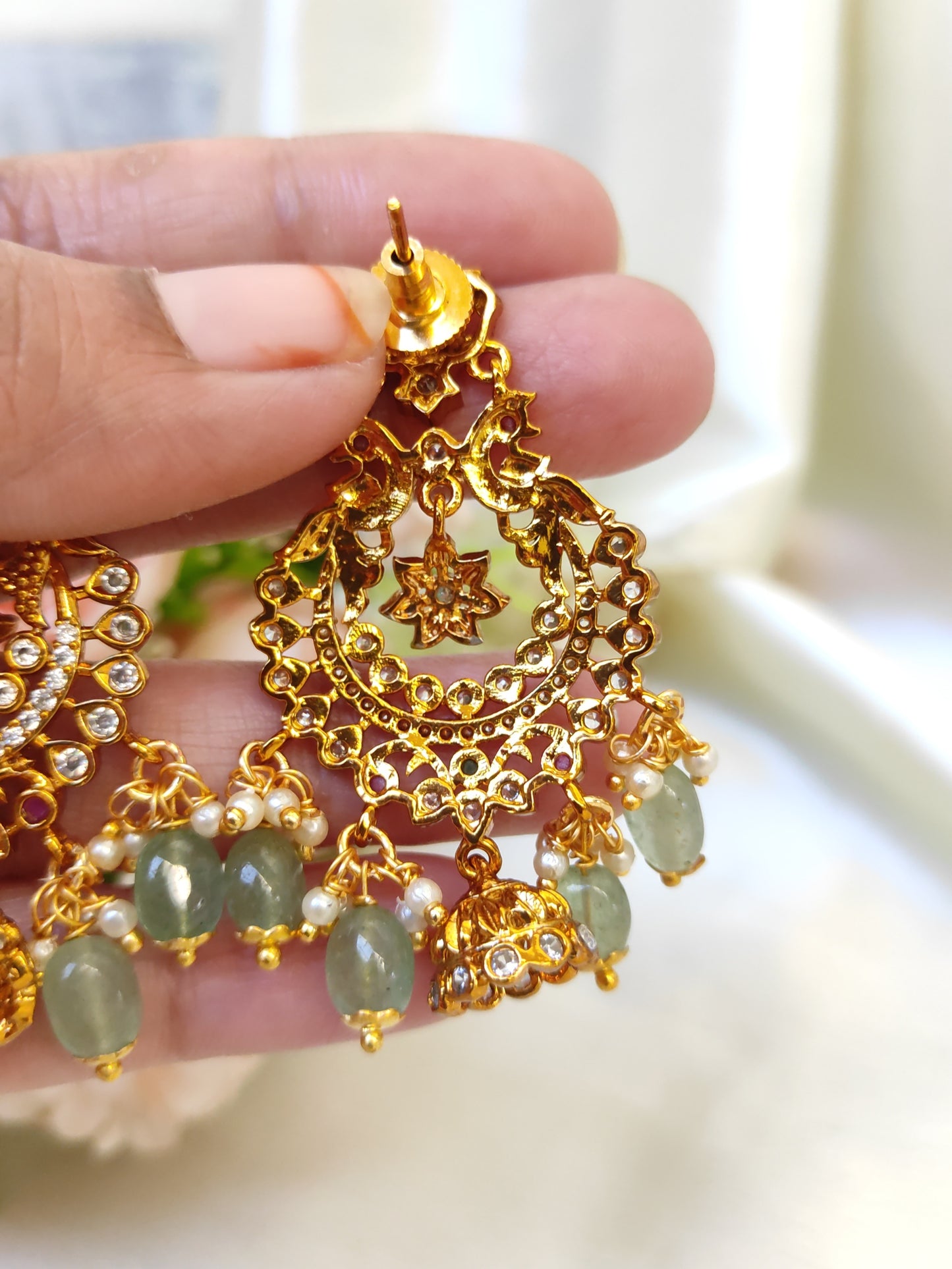 Traditional Antique Chandbali Earrings with Green Stones & Pearl Bead Hangings