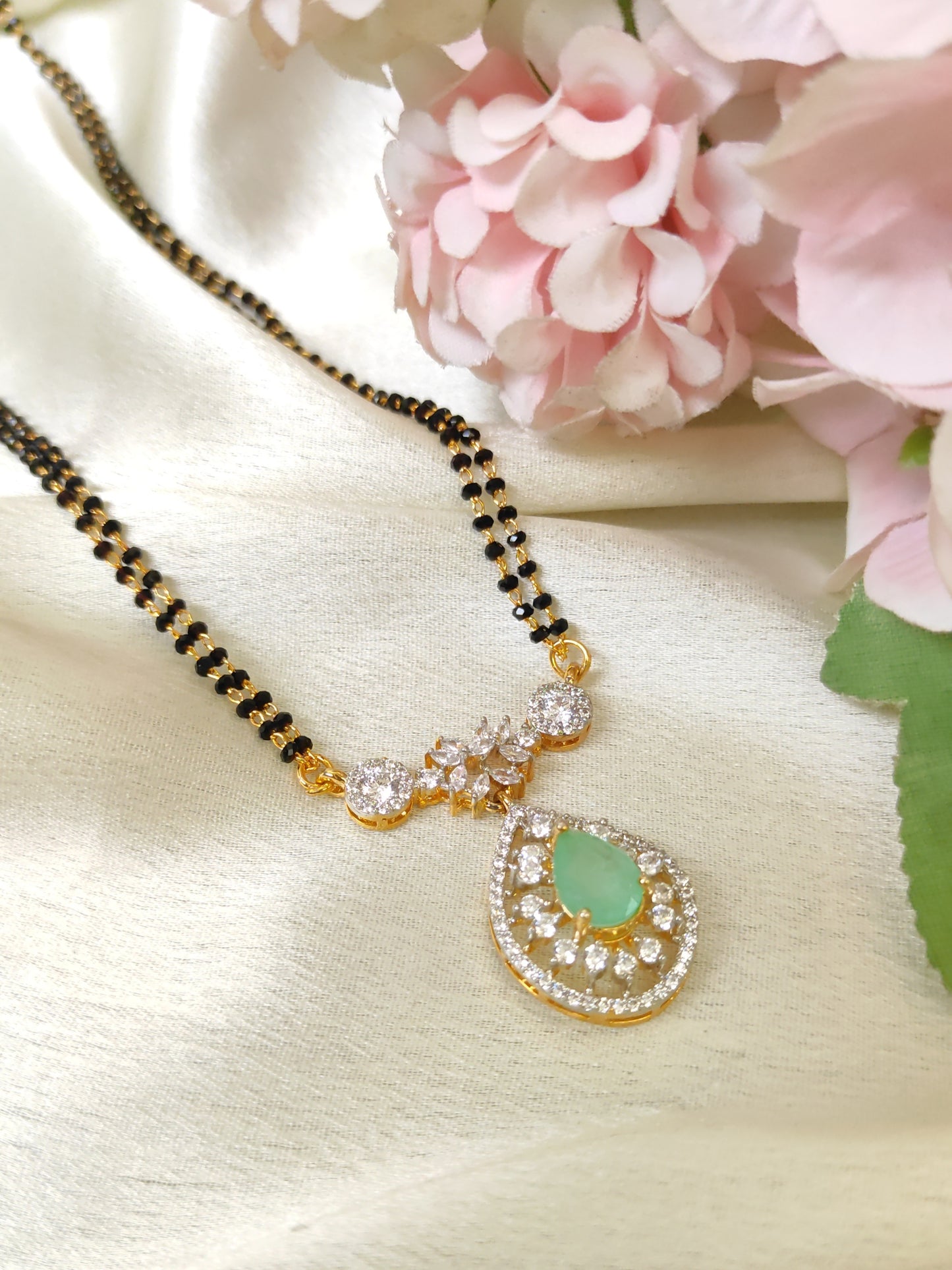 Designer Double Line Black Bead Mangalsutra with Mint green Pendant – Lightweight Traditional Mangalsutra Chain for Women