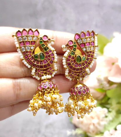 Designer Ruby Green Peacock Earrings with Pearl Clusters – Festive Collection