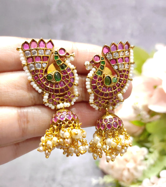 Designer Ruby Green Peacock Earrings with Pearl Clusters – Festive Collection