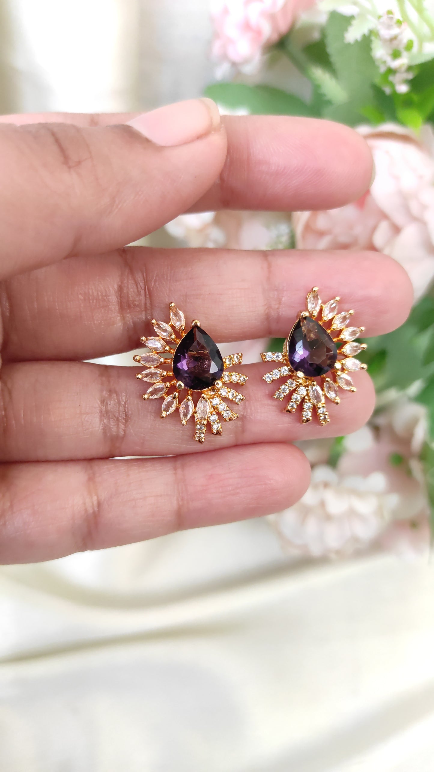 Purple Crystal Pear Drop Stud Earrings | Elegant Party Wear Jewelry