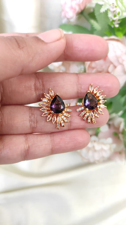Purple Crystal Pear Drop Stud Earrings | Elegant Party Wear Jewelry