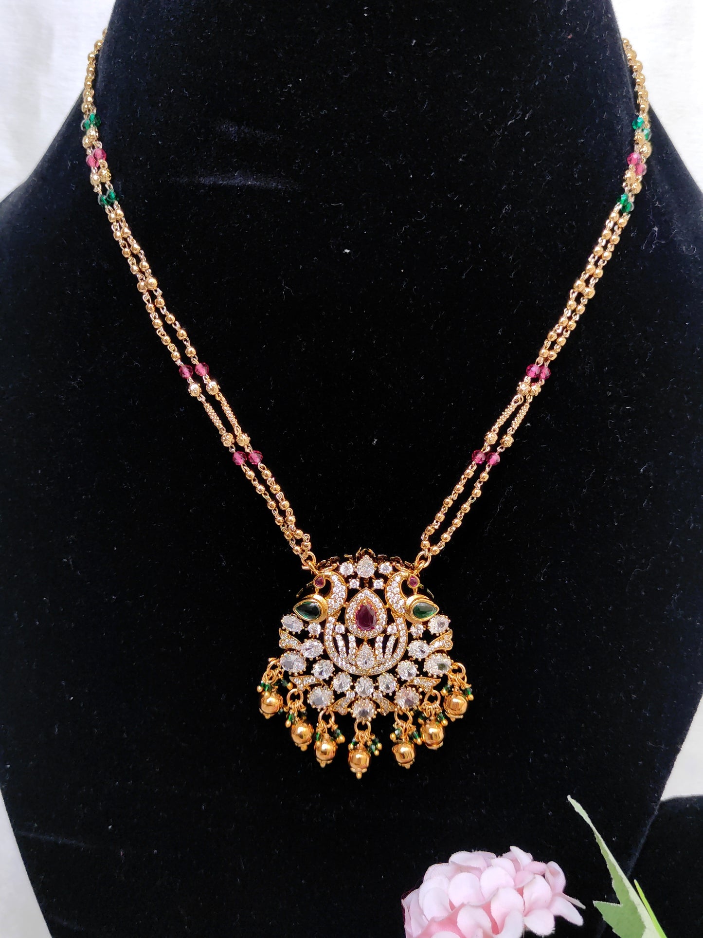 Lakshmi Motif Temple Necklace with Hanging Beads – Traditional One Gram Gold Bridal Necklace