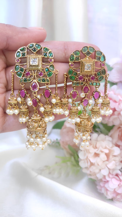 Antique Temple Jhumki Earrings with Ruby-Green Stones & Pearl Drops