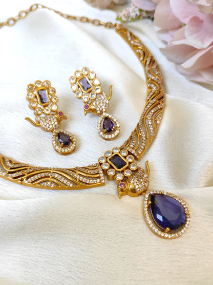 Premium Gold Plated Peacock Motif Necklace Set – Violet Stone