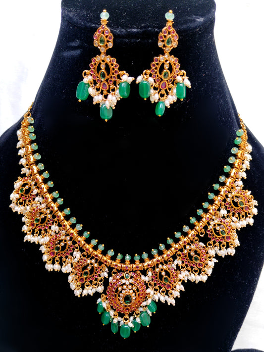 Green Kemp Stone Temple Necklace Set with Pearls | Bridal South Indian Jewellery