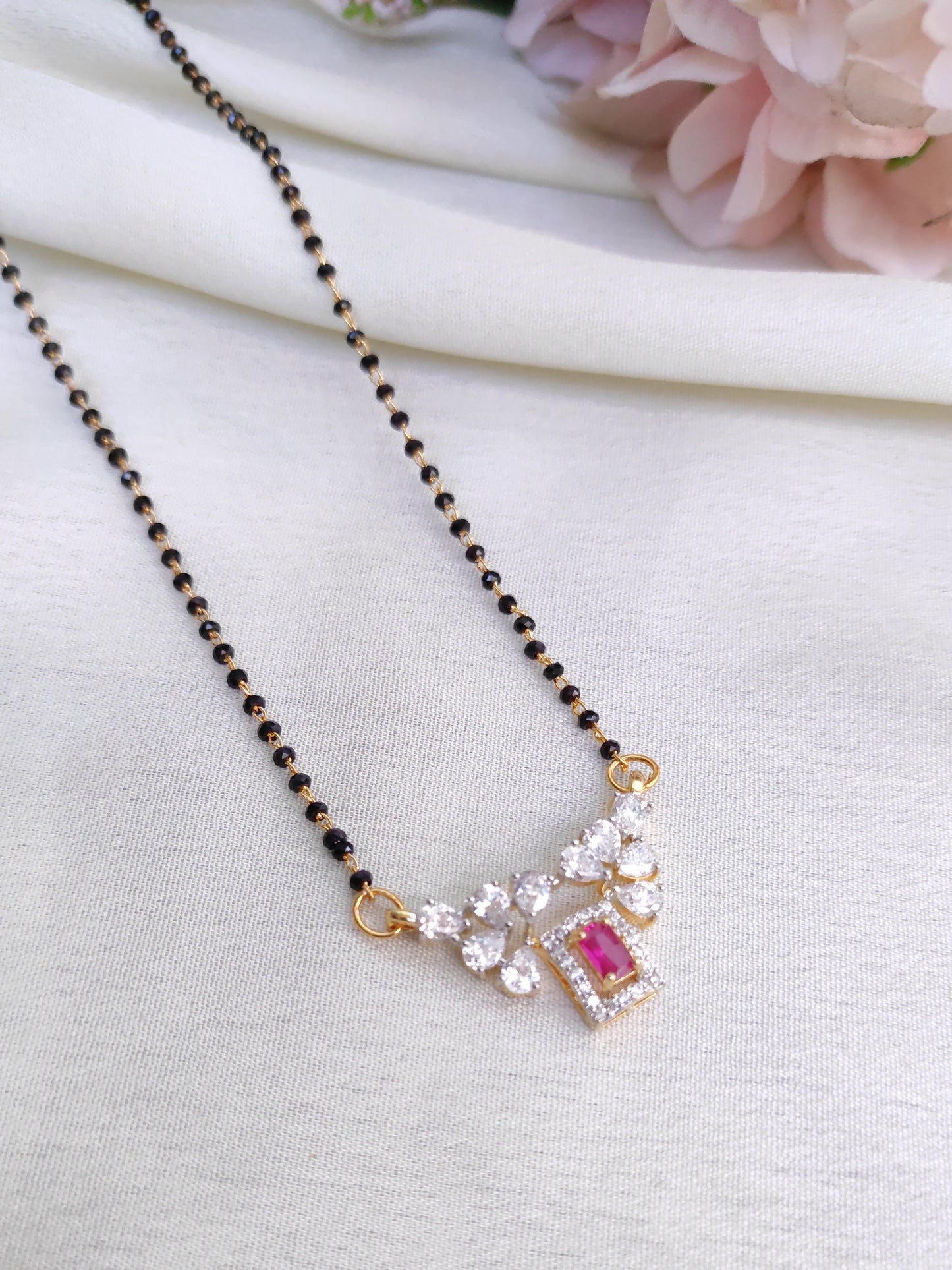 Ruby Rectangle AD Pendant Black Bead Chain – Modern Gold Finish Necklace