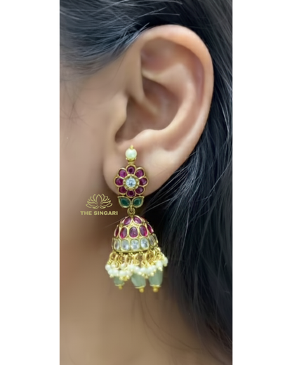 Ruby Green Kemp Jhumka Earrings with Pearls | Traditional Gold-Plated Jhumkis by THE SINGARI