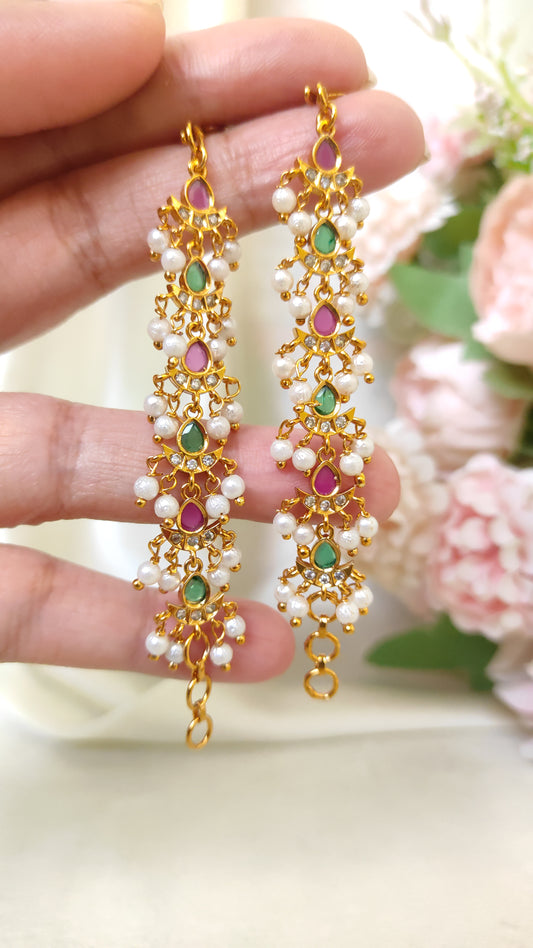 Traditional Kemp Stone Maatilu with Pearls – Bridal Temple Hair Accessories