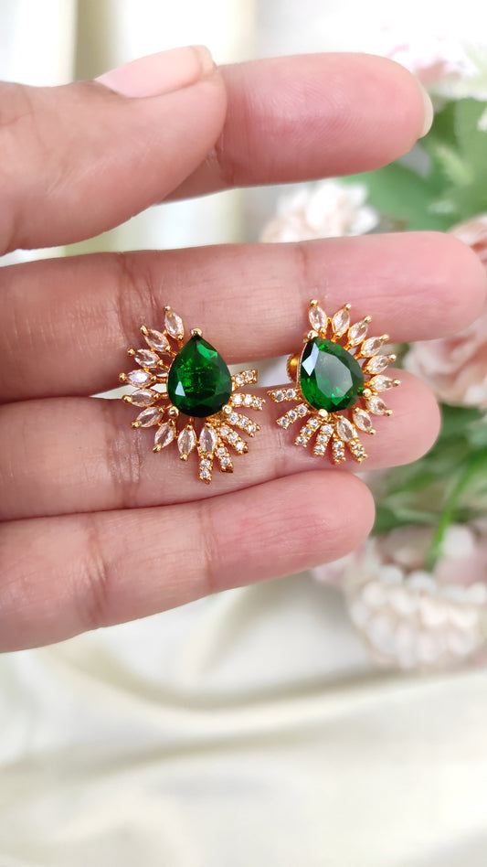 Green Crystal Pear Drop Stud Earrings | Elegant Party Wear Jewelry