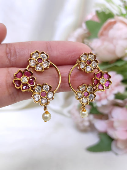 Floral Ruby & White CZ Circle Earrings with Pearl Drop – Lightweight Ethnic Studs