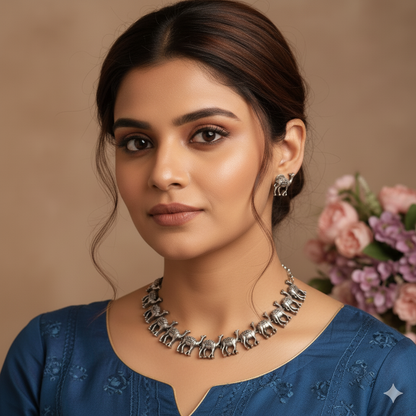 Silver Oxidised Camel Design Necklace Set