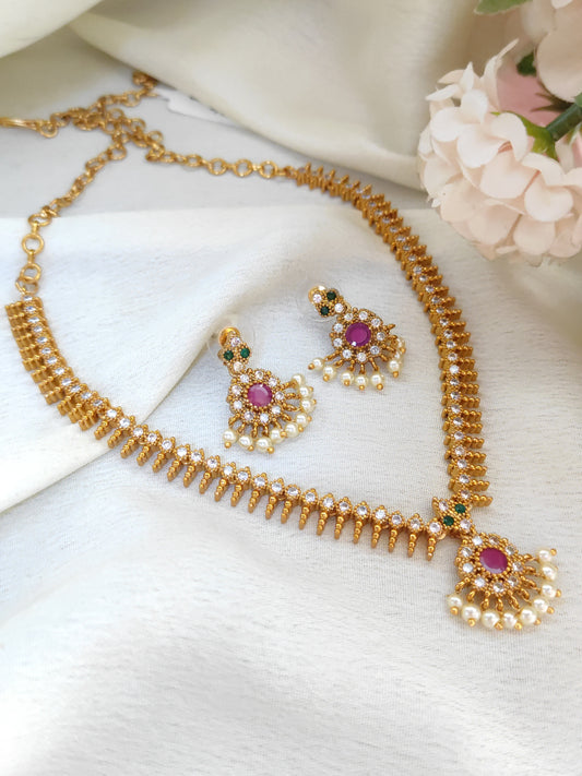 Traditional Ruby Stone One Gram Gold Necklace Set with Pearl Drops & Earrings