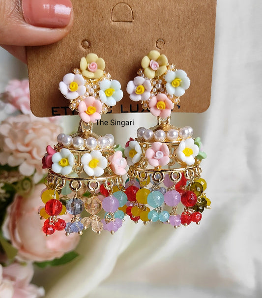 Pastel Floral Beaded Jhumkas – Vibrant & Handmade Look
