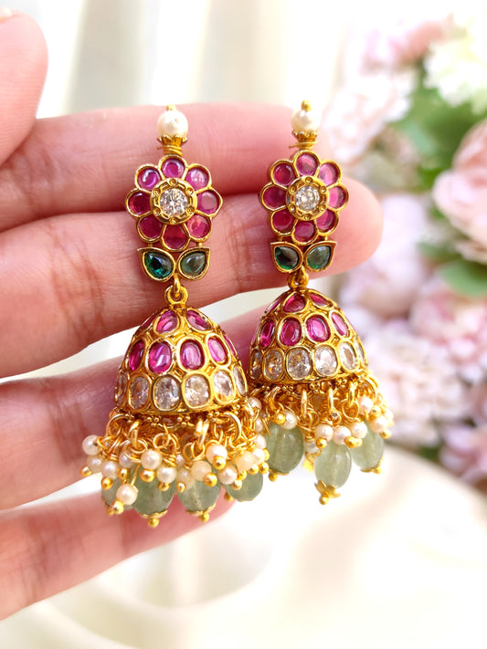 Ruby Green Kemp Jhumka Earrings with Pearls | Traditional Gold-Plated Jhumkis by THE SINGARI