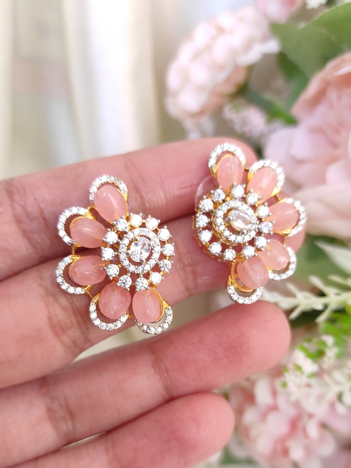 Blush Pink Crystal Bloom Stud Earrings | Premium One Gram Gold Polish | Festive & Daily Wear