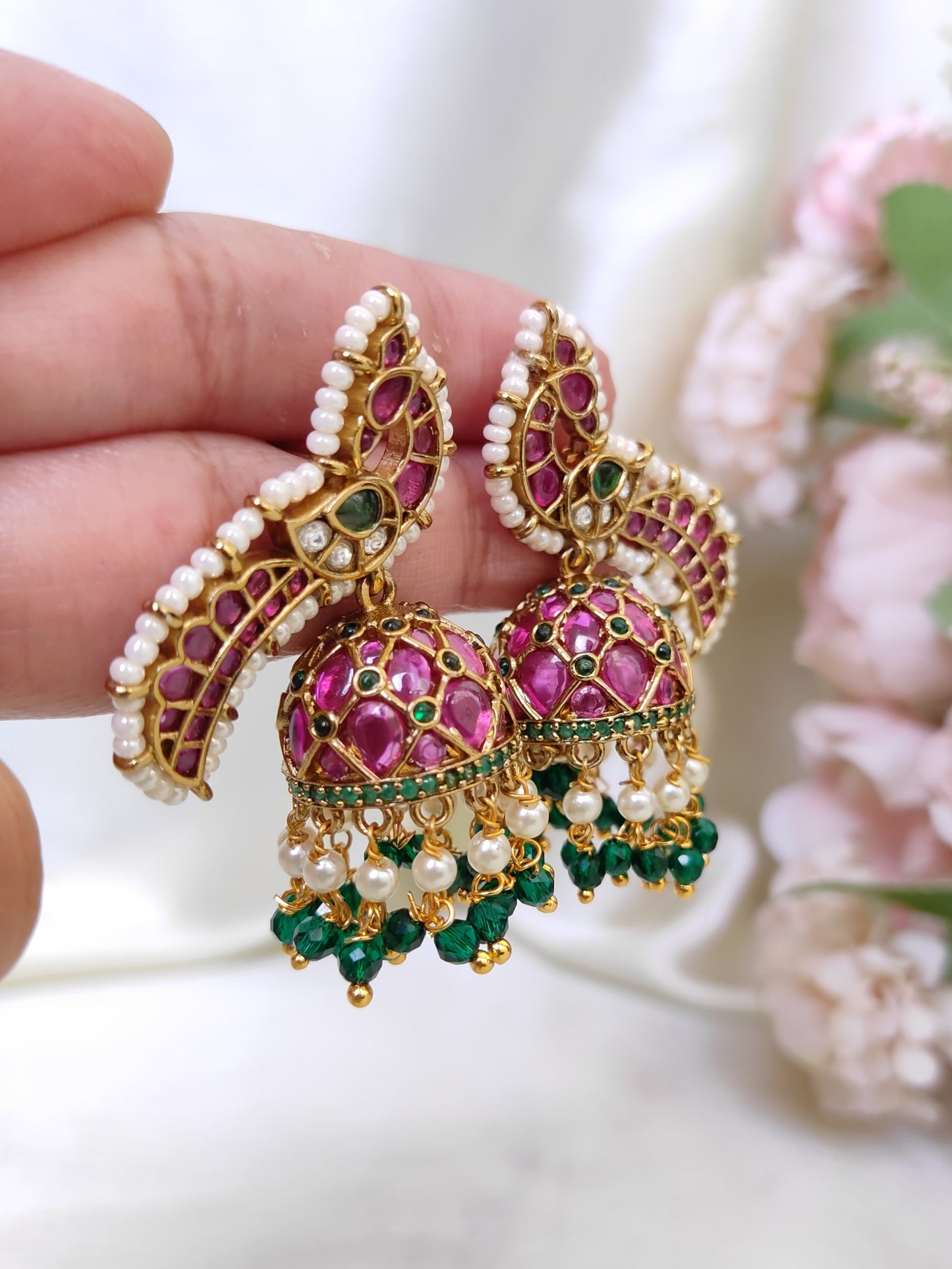 Peacock Design Ruby Pink & Emerald Green Stone Jhumka Earrings with Pearls