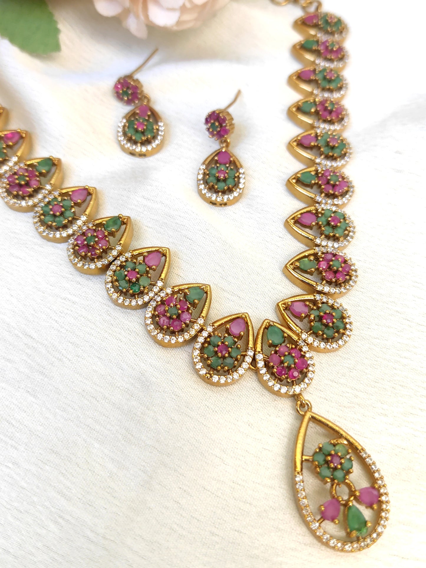 Traditional Tear-Drop Necklace Set in Green & Pink Stones | Temple Style Jewellery