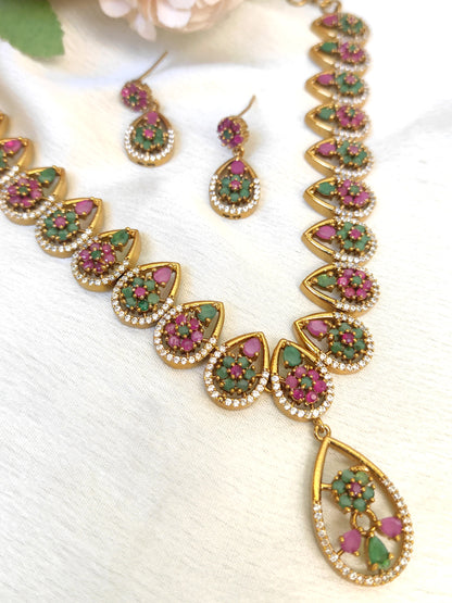 Traditional Tear-Drop Necklace Set in Green & Pink Stones | Temple Style Jewellery