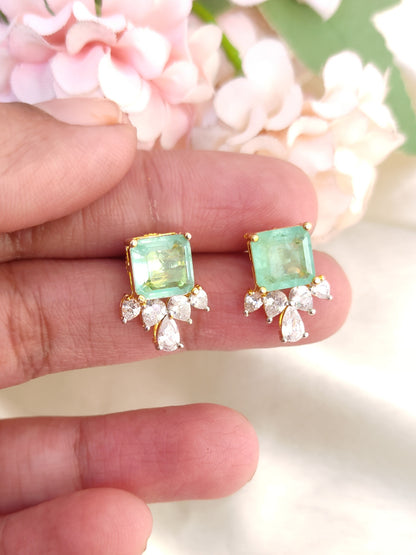 Green Stud Earrings with Crystal Drops | Gold-Plated Daily Wear Studs