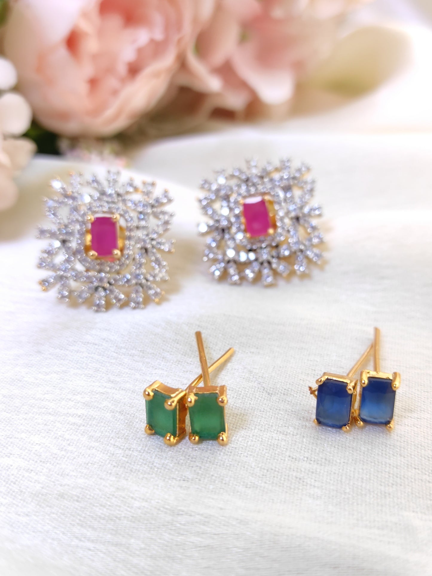 Premium 3-in-1  Stud Earrings Combo – Ruby, Green & Blue Stones