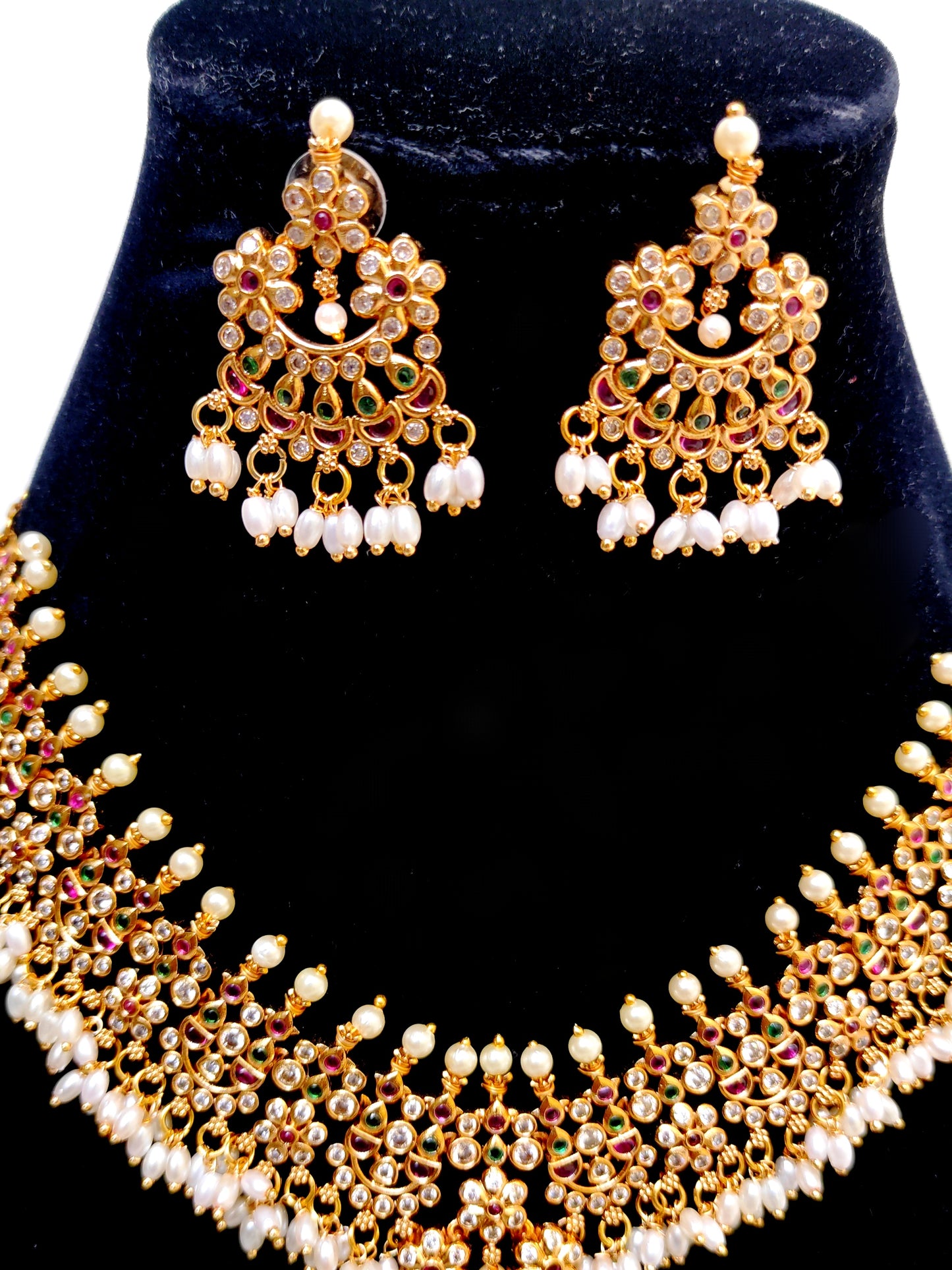 Pearl Drop Kemp Stone Bridal Necklace Set | Traditional South Indian Jewellery