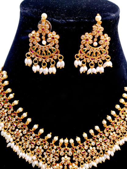 Pearl Drop Kemp Stone Bridal Necklace Set | Traditional South Indian Jewellery