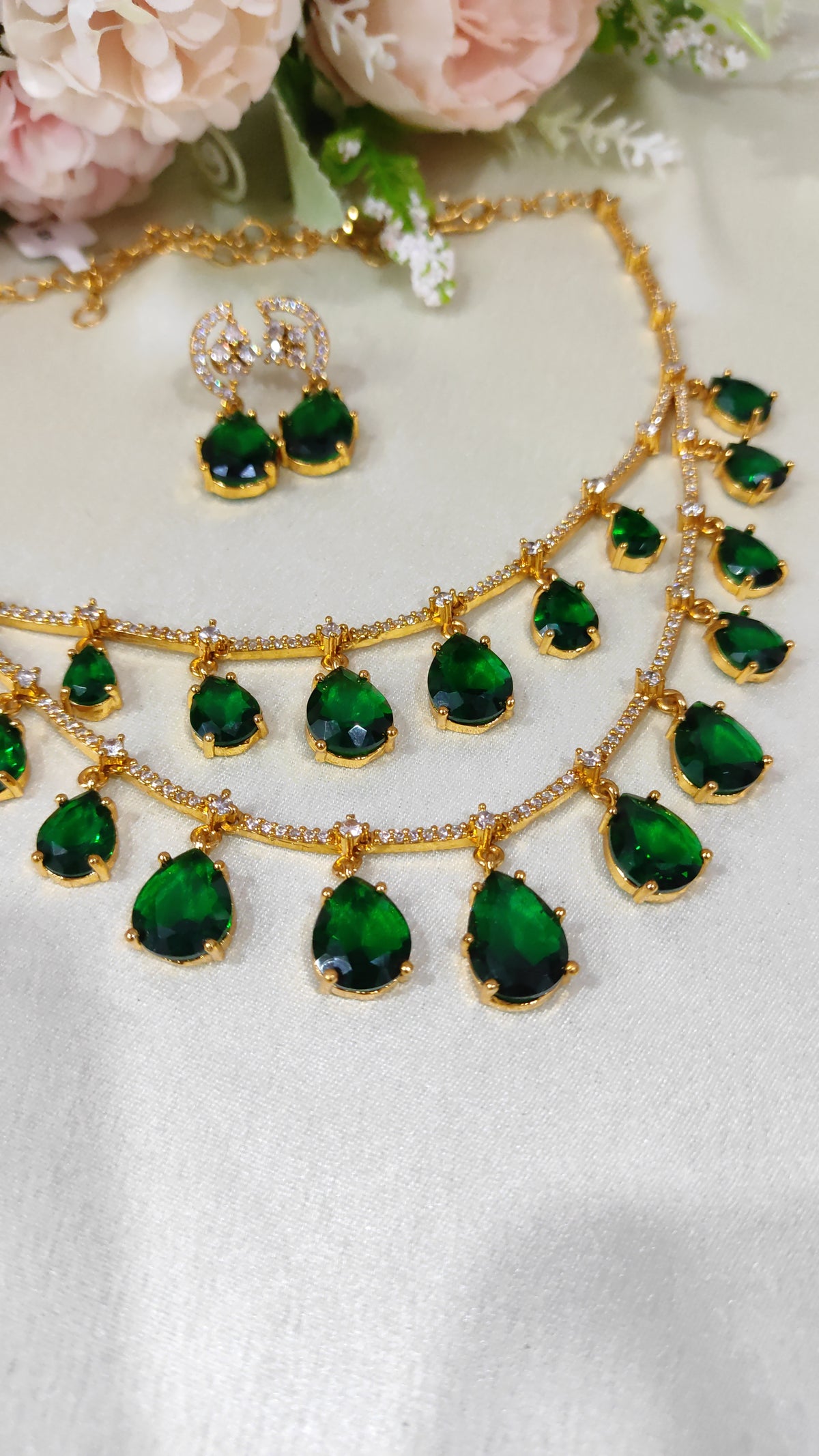 Green Stone Layered Necklace Set | Elegant Festive & Wedding Jewellery