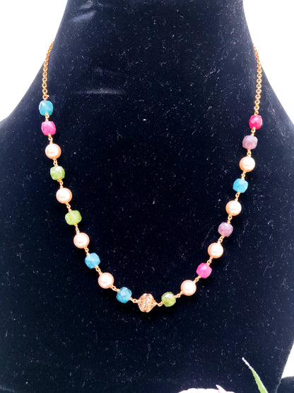 Handcrafted Multi Stone Beads & Pearl Chain Necklace for Women