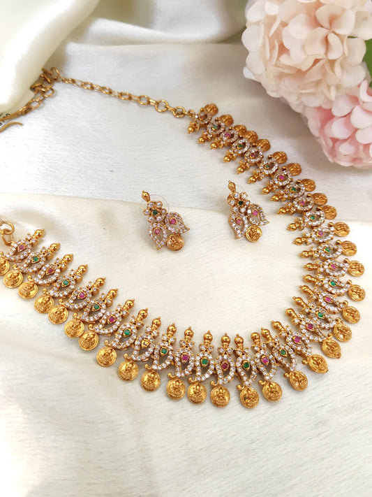 Lakshmi Coin Temple Necklace Set with CZ Stones – Traditional South Indian Bridal Jewellery
