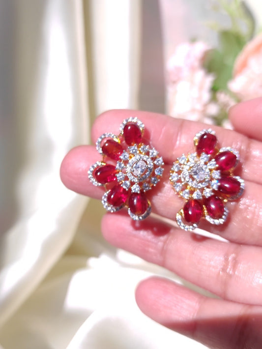 Ruby Bloom Crystal Stud Earrings | Premium One Gram Gold Finish | Festive & Party Wear