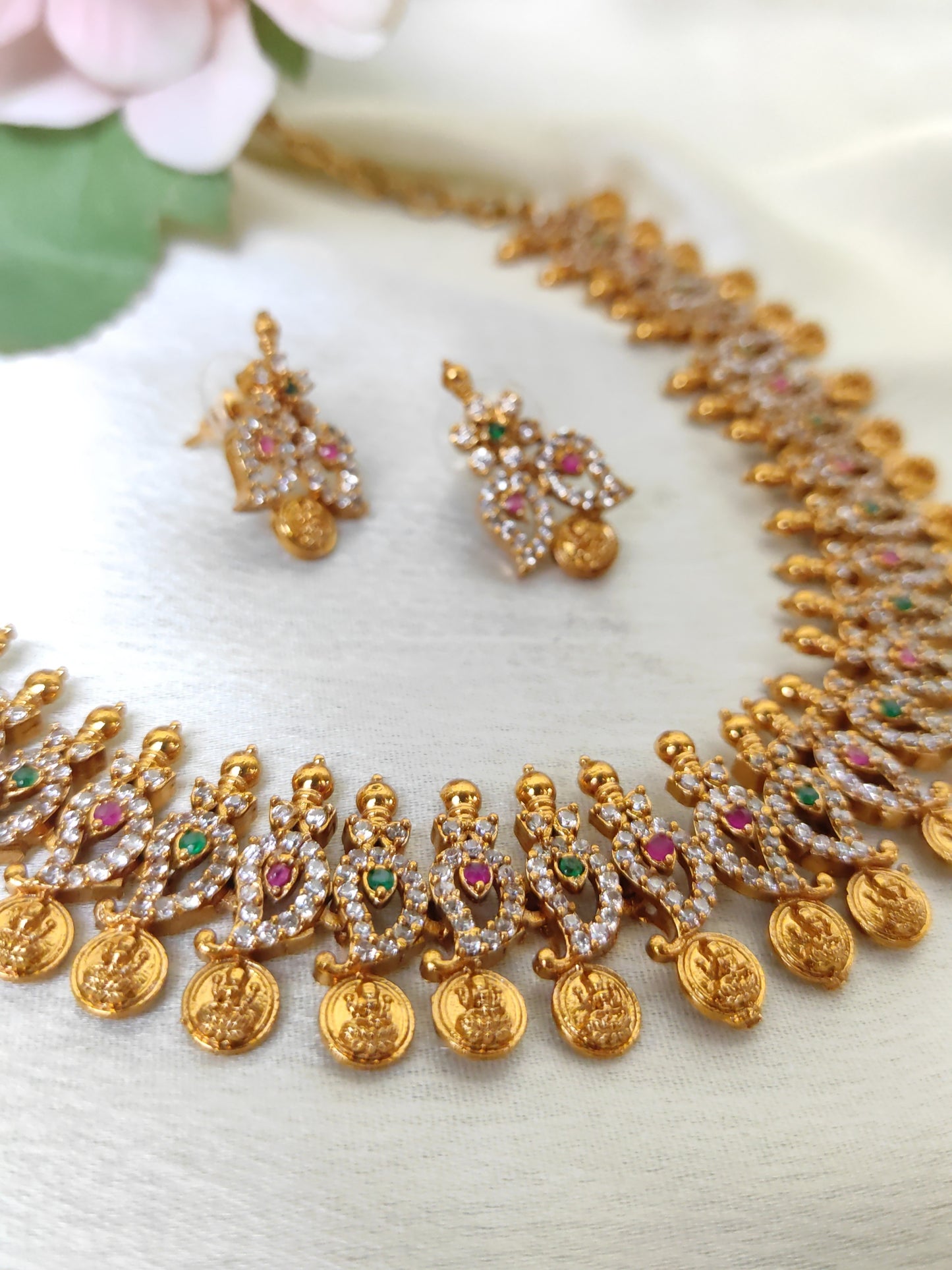 Lakshmi Coin Temple Necklace Set with CZ Stones – Traditional South Indian Bridal Jewellery