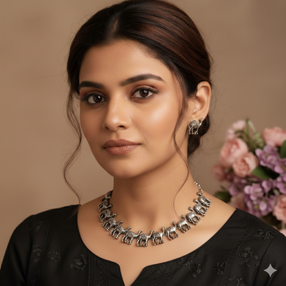Silver Oxidised Camel Design Necklace Set