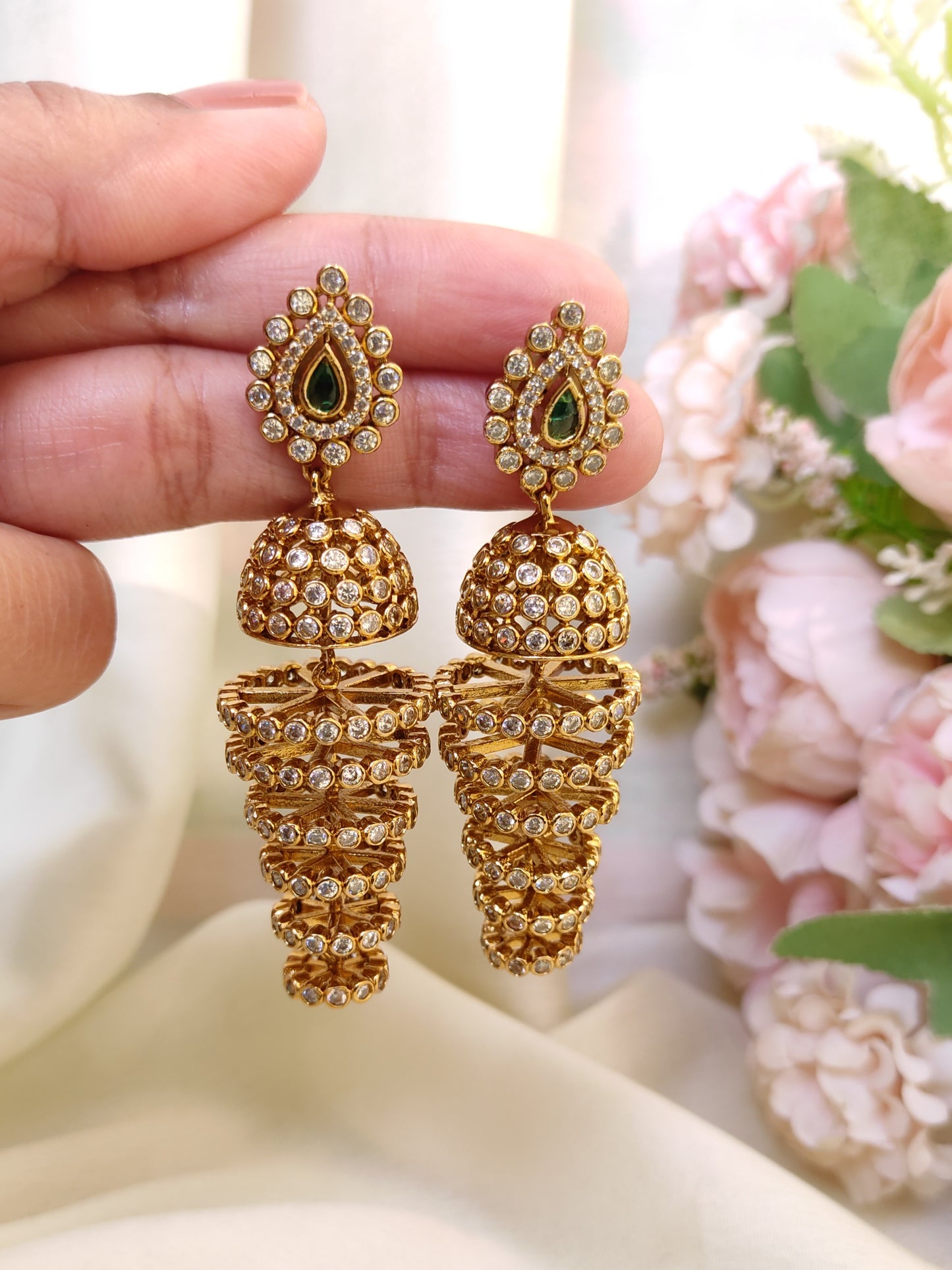 Green Stone Spiral Antique Gold Long Jhumka Earrings | Bridal & Festive Wear