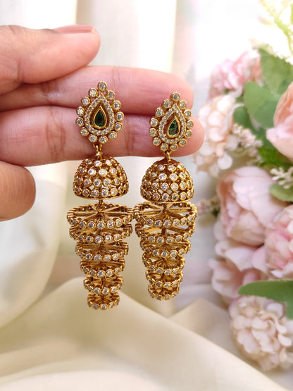 Green Stone Spiral Antique Gold Long Jhumka Earrings | Bridal & Festive Wear