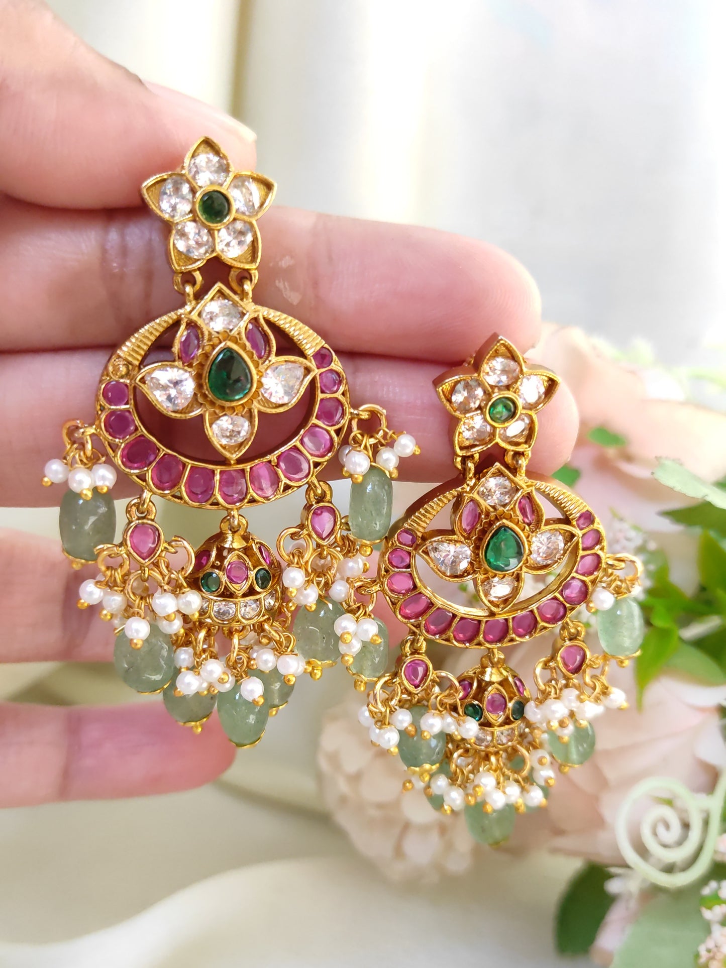 Royal Ruby & Emerald Floral Chandbali Earrings